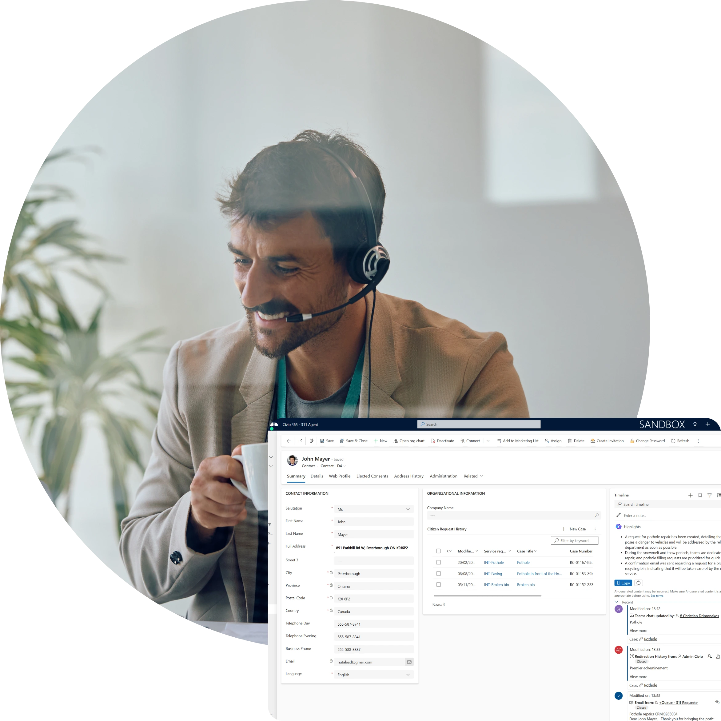 Man with a headset, with a live-chat translation screenshot overlay